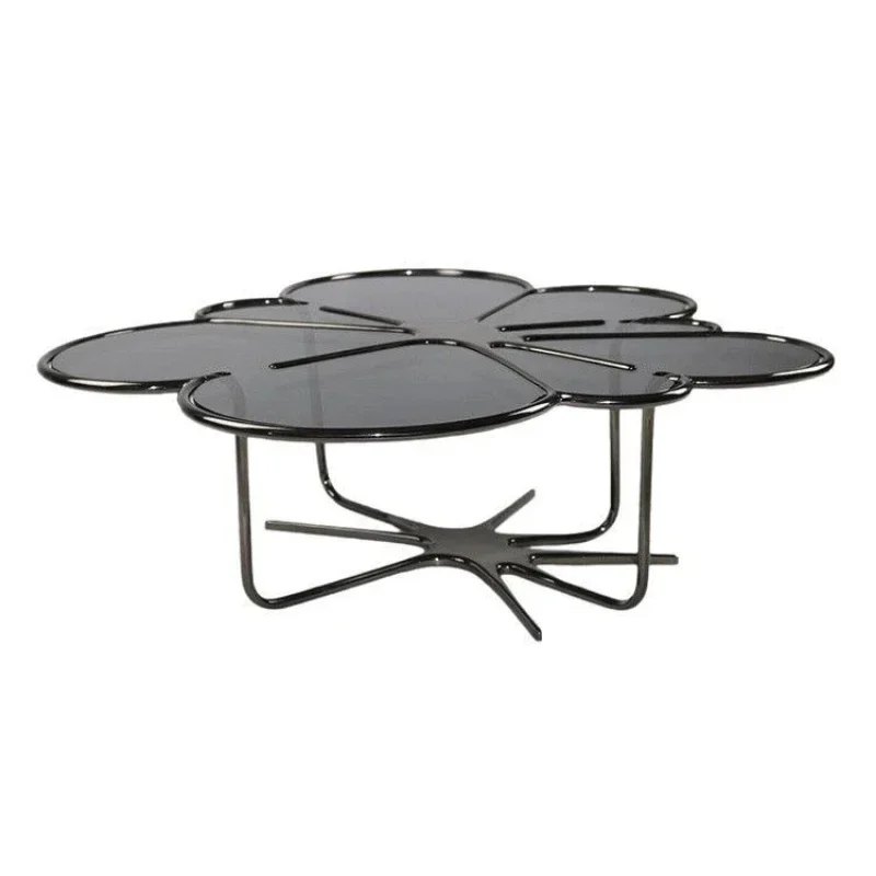 

Light lu xury tempered gla ss special-shaped petal c offee table living roo m home designer high-end stainless steel tea tab le