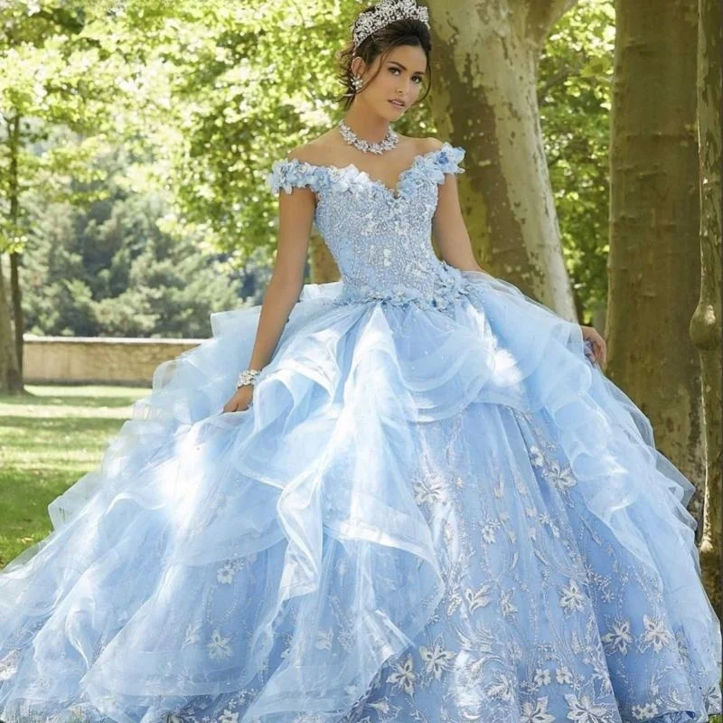 Princess Blue Quinceanera Dresses 2023 V Neck Lace Flowers Applique Ball Gown Sweet 15 16 Prom Dress Birthday Party Custom Made