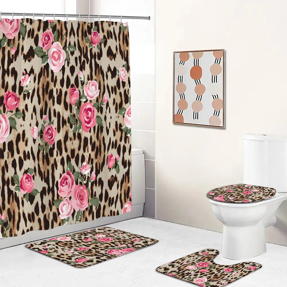 Leopard Pattern Shower Curtain Set Panther Zebra Stripes Pink Rose Fashion Non-slip Bath Mat Modern Home Carpet Toilet Lid Cover