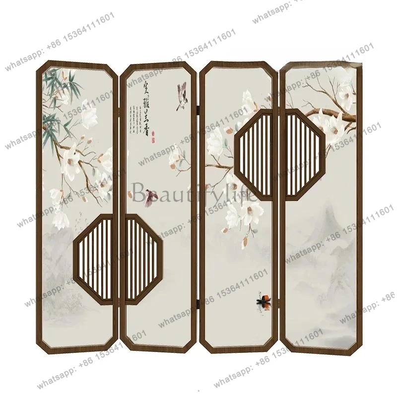 

yj32 Modern Chinese screen partition, living room folding screen foldable mobile solid wood hall partition