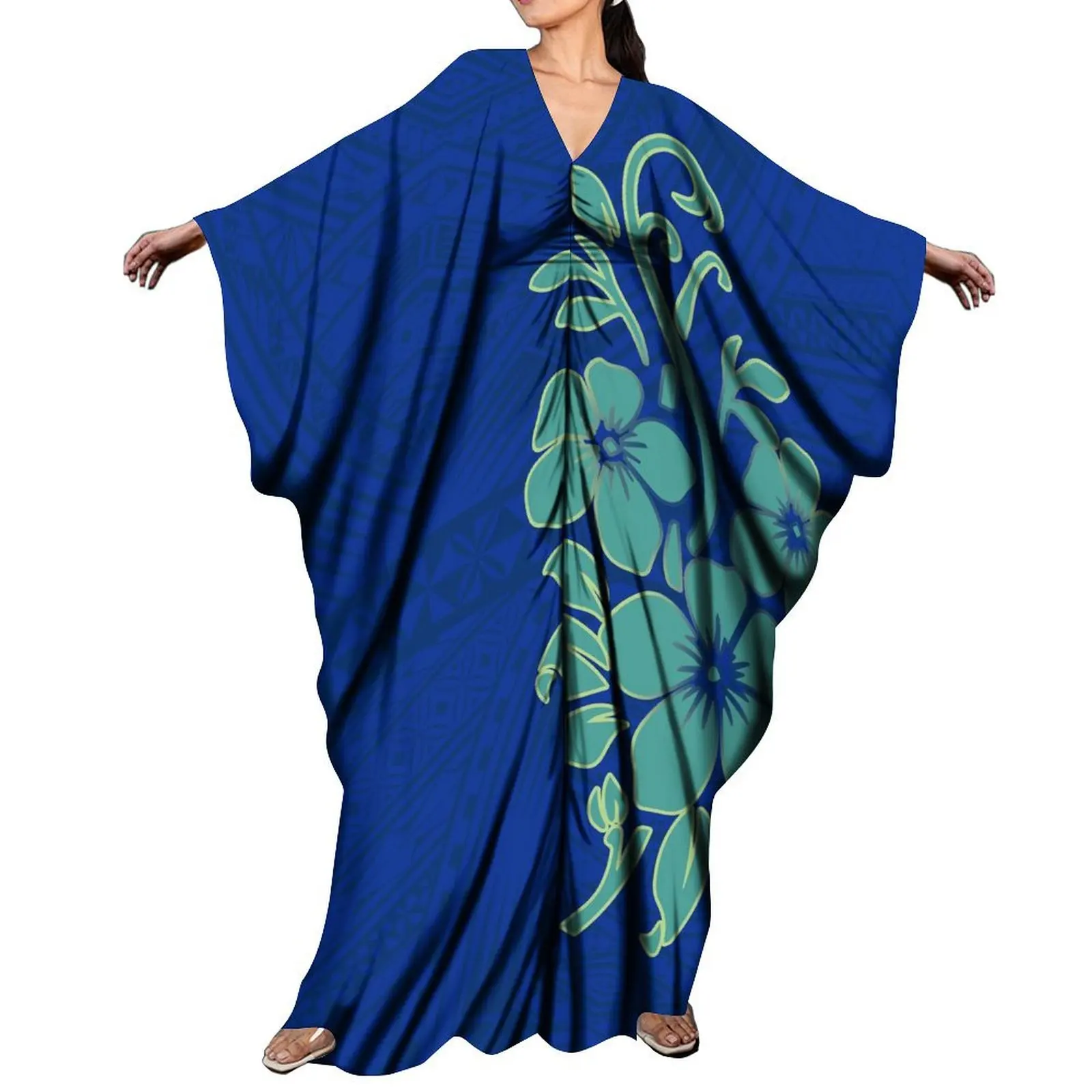 Women'S Crewneck Dress Polynesian Tribe Designed High Quality Party Bat-Sleeved Floor-Length Dress