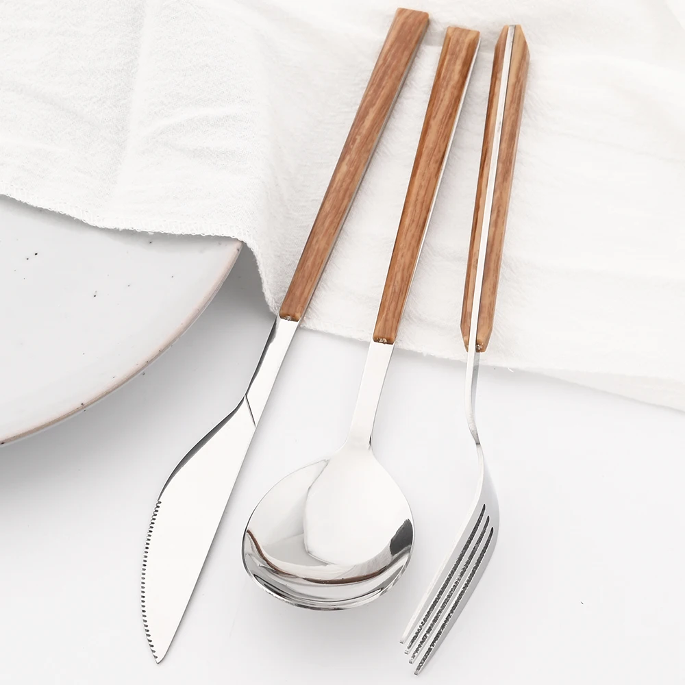 6/24pcs Wooden Handle Cutlery Set Brown Silver Dinnerware Set Stainless Steel Forks Spoons Knife Tableware Kitchen Flatware Set