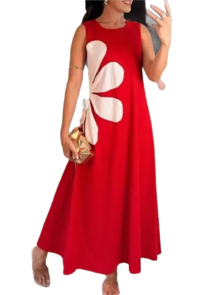 Casual Flower Print Dress Summer Temperament Commuting Women's Robe Fashion Round Neck Lace Up Beach Vacation Long Dresses 2025