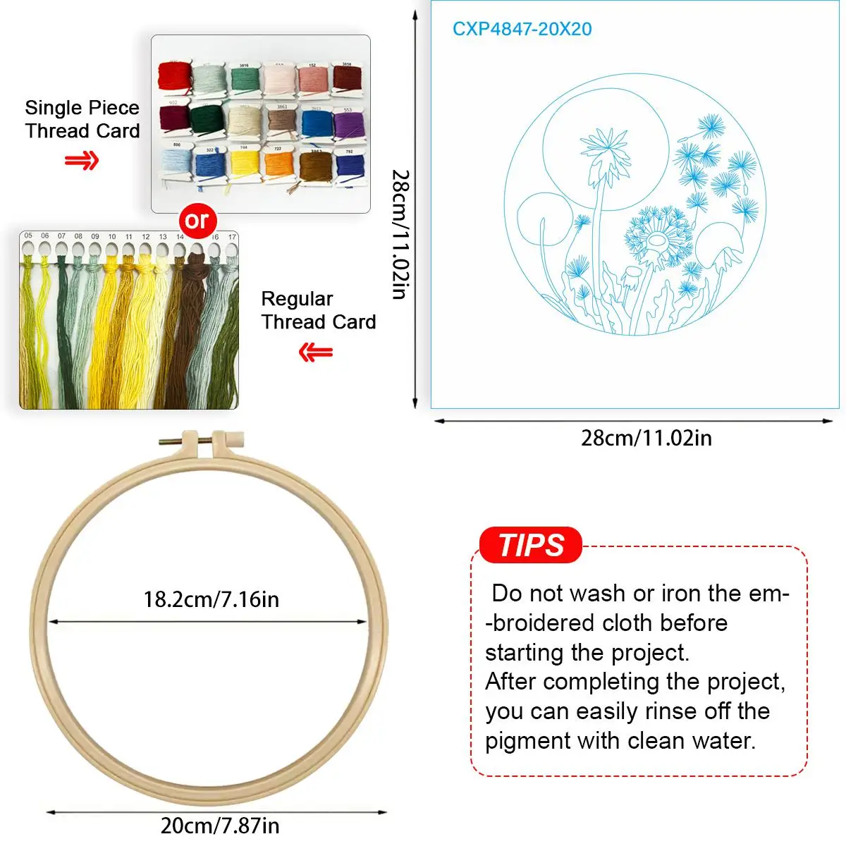 1 Stück 20X20CM/15X15CM 7,87/6,3 Zoll Löwenzahn-Stickerei-Starter-Kit DIY-Kit DIY-Stickerei-Set Handarbeiten Nadelkunst Heimdekoration – Detail 5