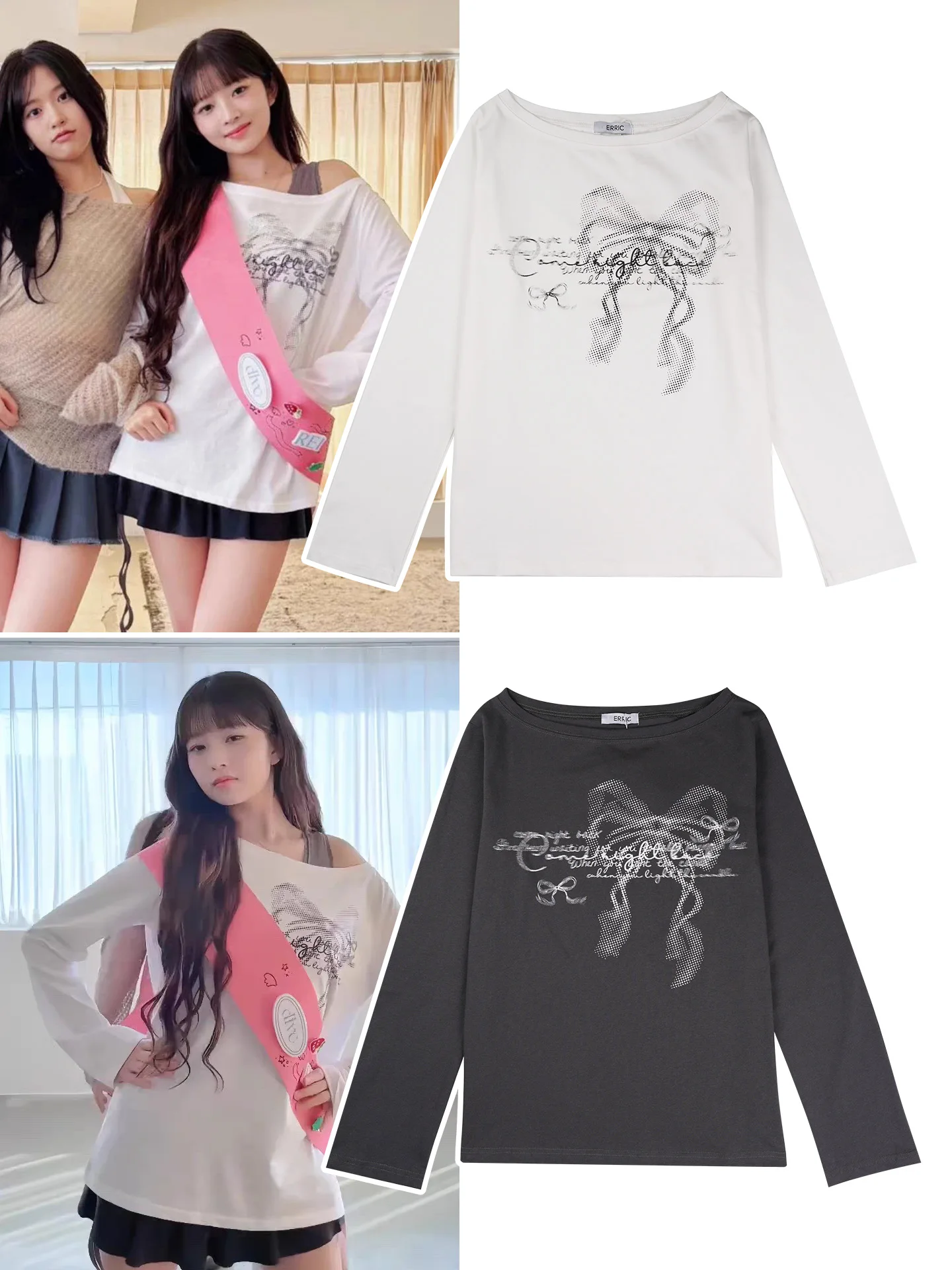 

Loose Long Sleeve T-Shirt Knot Letter Print Slimming Doodle Design Street Style Korean Cotton Casual Fashion