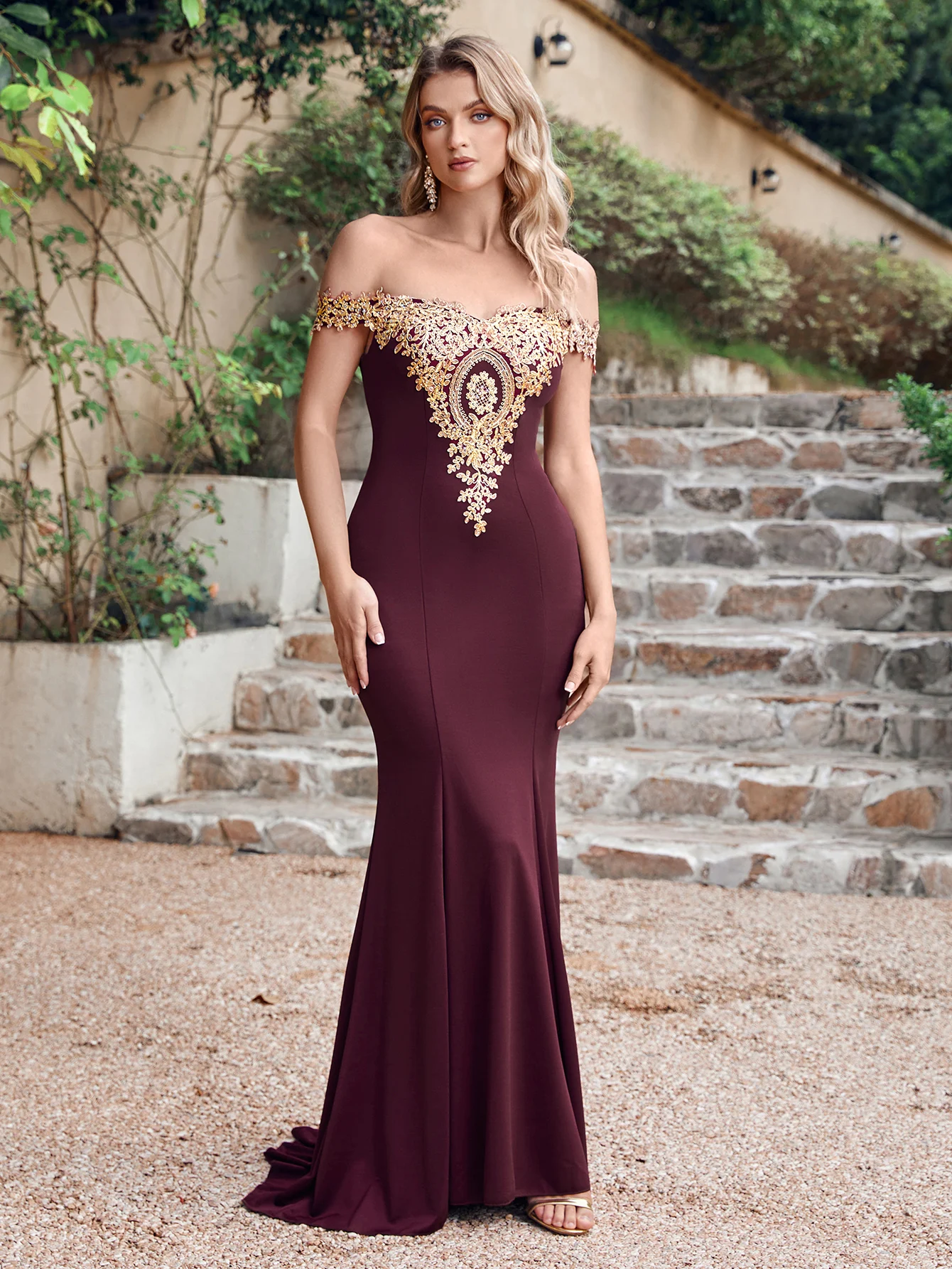 

Burgundy Mermaid Dresses Off-the-shoulder Neckline Sequins Appliques Zipper Long Dress Floor-length Trail Formal Occasion Gowns