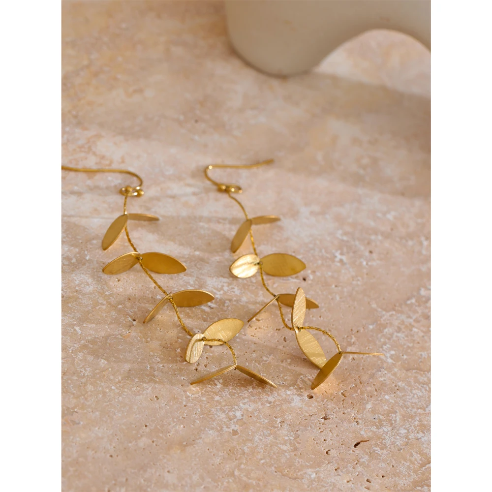 Yhpup Vintage Retro Old Stainless Steel Leaf Long Hanging Drop Earrings PVD Plated Prevent Allergy Metal Stylish Jewelry France — zdjęcie 4