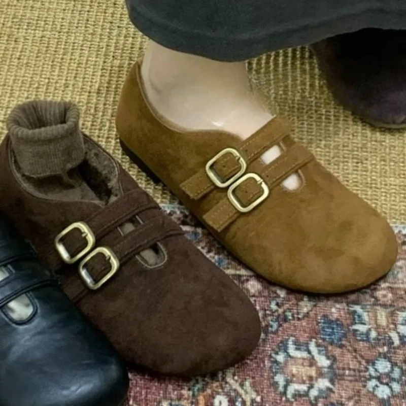 Nieuwe winterluxe metallic ontwerp platte antislip lage schoenen voor dames, casual dagelijkse kleding met fleece gevoerde, dikke en warme platte schoenen