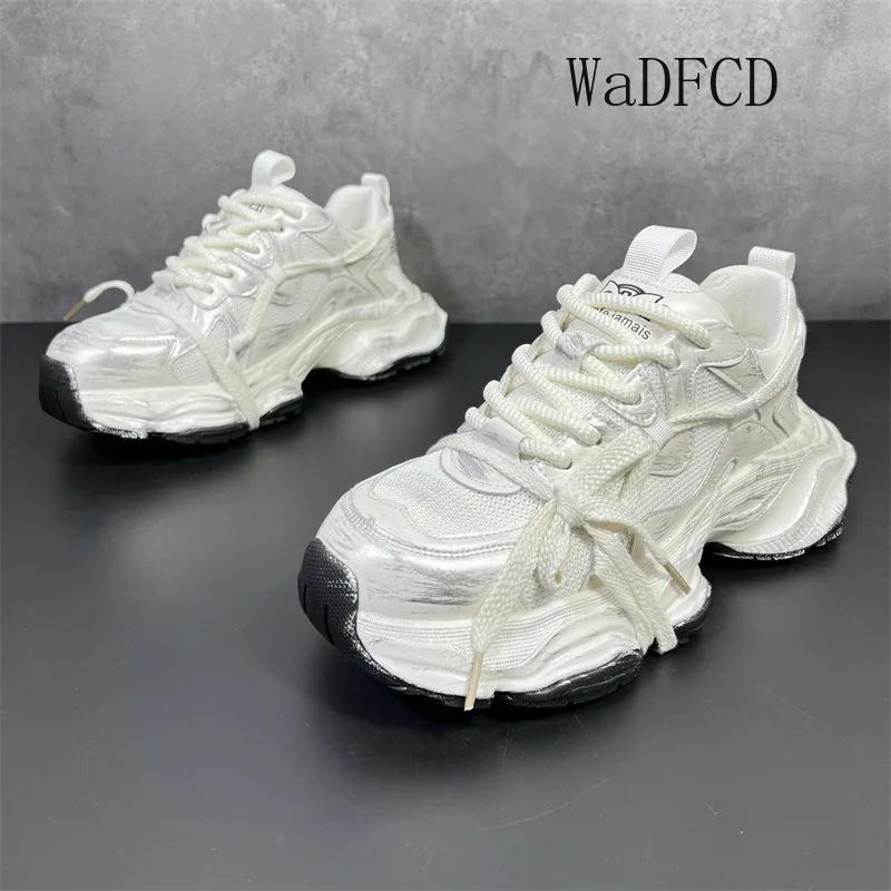 Chunky Sneaker Men Designer Running Shoe Fashion Casual Split Leather Mesh Breathable Height Increased Flat Platform Sport Shoes