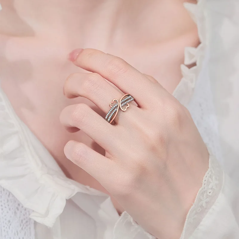 New cross-border two-tone heart ring for women, inlaid with zircon, light luxury niche design, simple heart-shaped ring jewelry