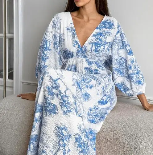 

Dresses In Autumn Fashion Temperament V-Neck Lantern Sleeves Versatile Printed Lace Up Dress Cotton Linen Women's Long Dresses
