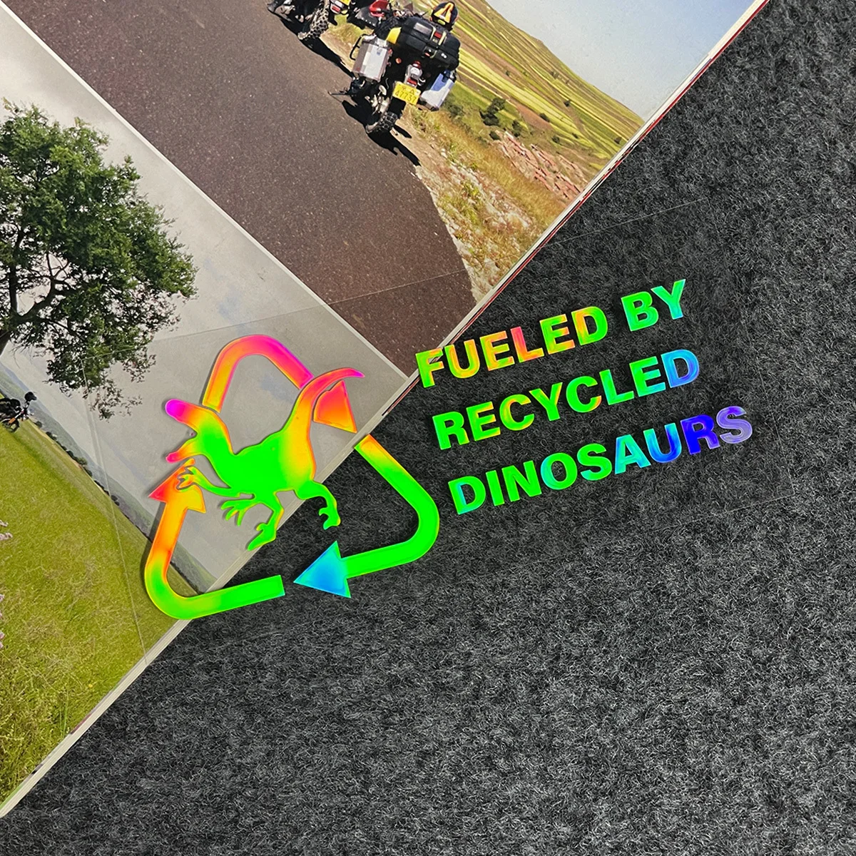 

Fueled By Recycled Dinosaurs Motorcycle Stickers Panels Fuel Tank Fairing Scooter Vinyl Decals Cool Animal Decoration Decal