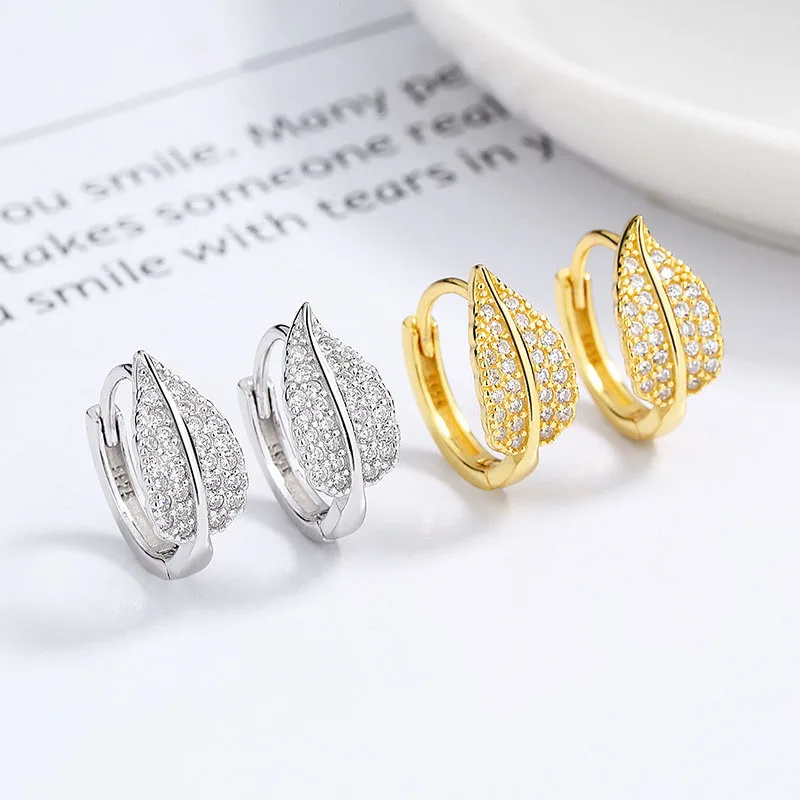 

NEW 925 Sterling Silver Luxury Leaf Inlay Zircon Hoop Earrings for Women Korean Fashion Gold Color Earrings Charm Jewelry Gifts