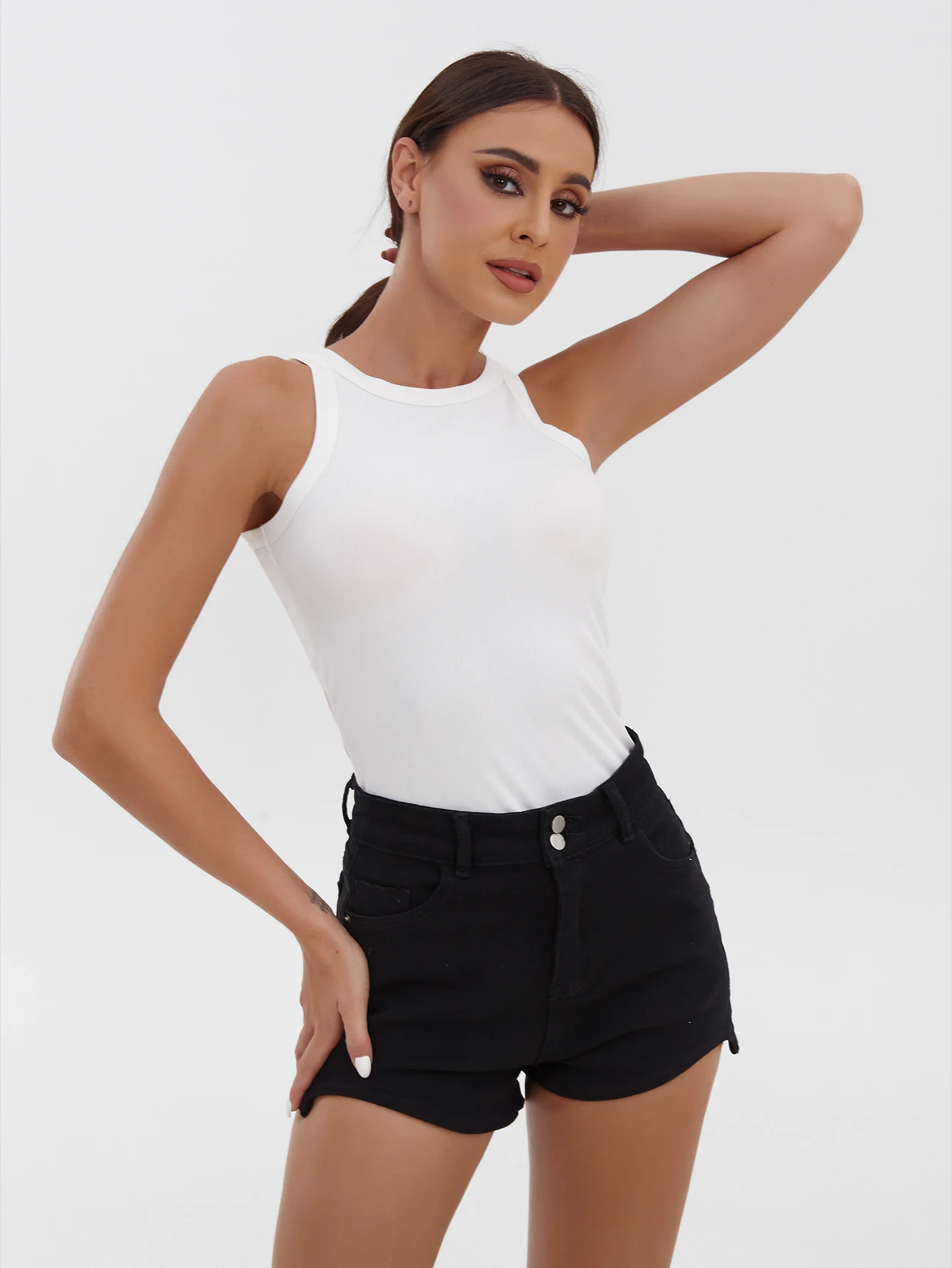 Women's Solid Color Round Neck Threaded Vest Women's Summer Basic Elastic Vest Round Neck Solid Color Vest