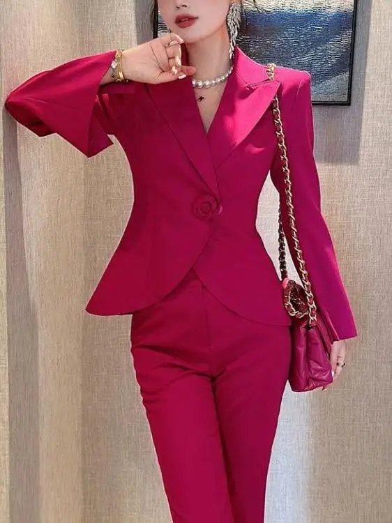 

Модный китайский деловой костюм-двойка для похудения, весна-осень 2026, женский, элегантный, высококачественный, из полиэстера