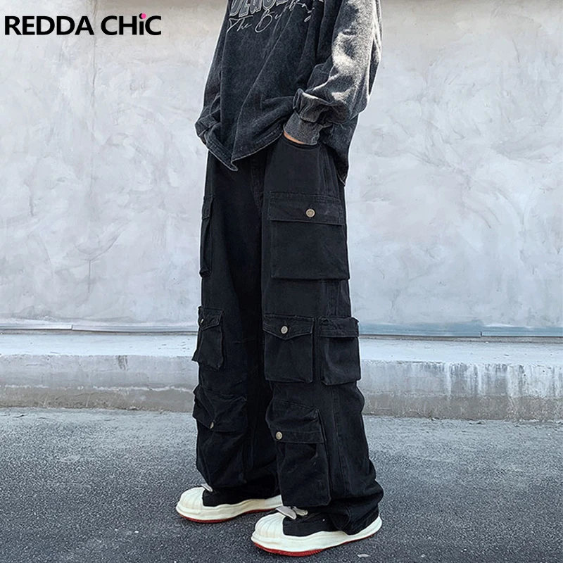 REDDACHIC Retro Splice Multi-pocket Men Cargo Pants Solid Loose Long Trousers Adjust-waist Wide Leg Sweatpants Casual Streetwear