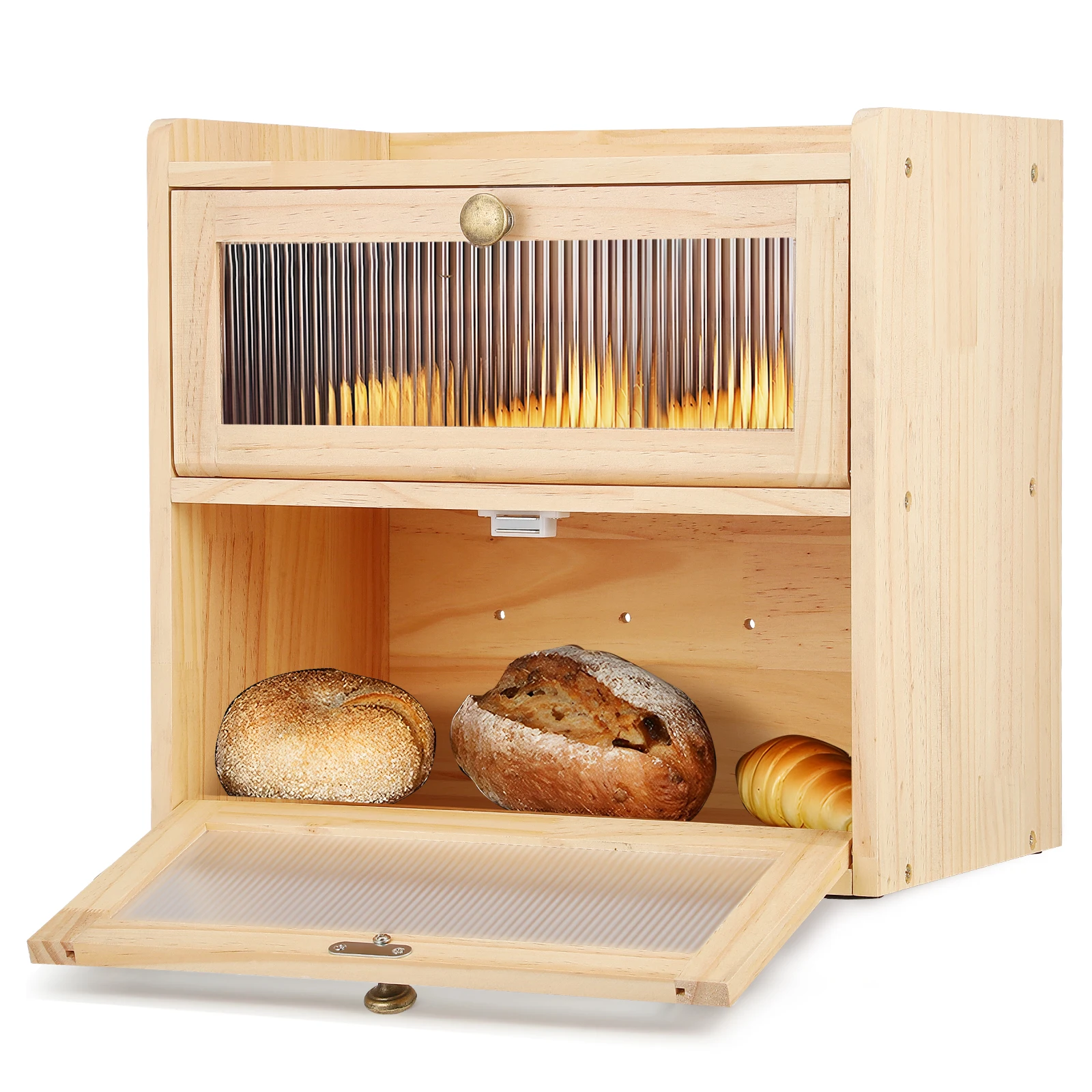 Boîte à pain de comptoir de cuisine, boîte de rangement de pain rétro en bois, fenêtre en acrylique, grande capacité à 2 étages