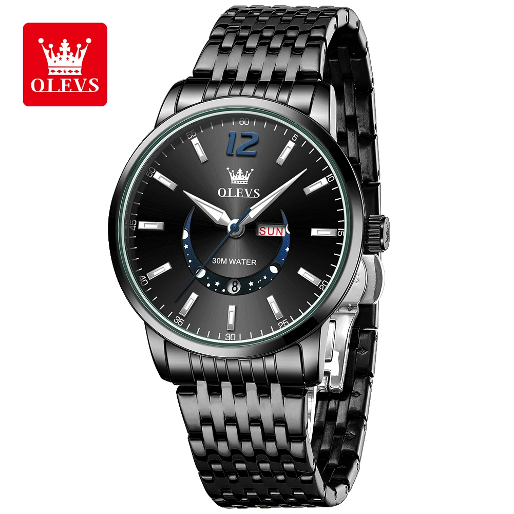 OLEVS Exclusive New Luxury Quartz Watch for Men Fashion Moon Design Dial Water-resistant Calendar Stainless Steel Man Wristwatch