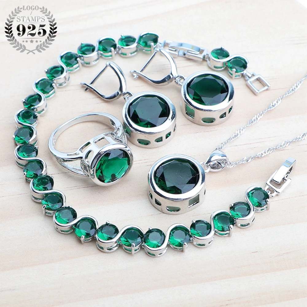 

Wedding Women Jewelry Sets Silver 925 Jewelry Ladies Green Zircon Costume Rings Bracelets Earrings Pendant and Necklace Set