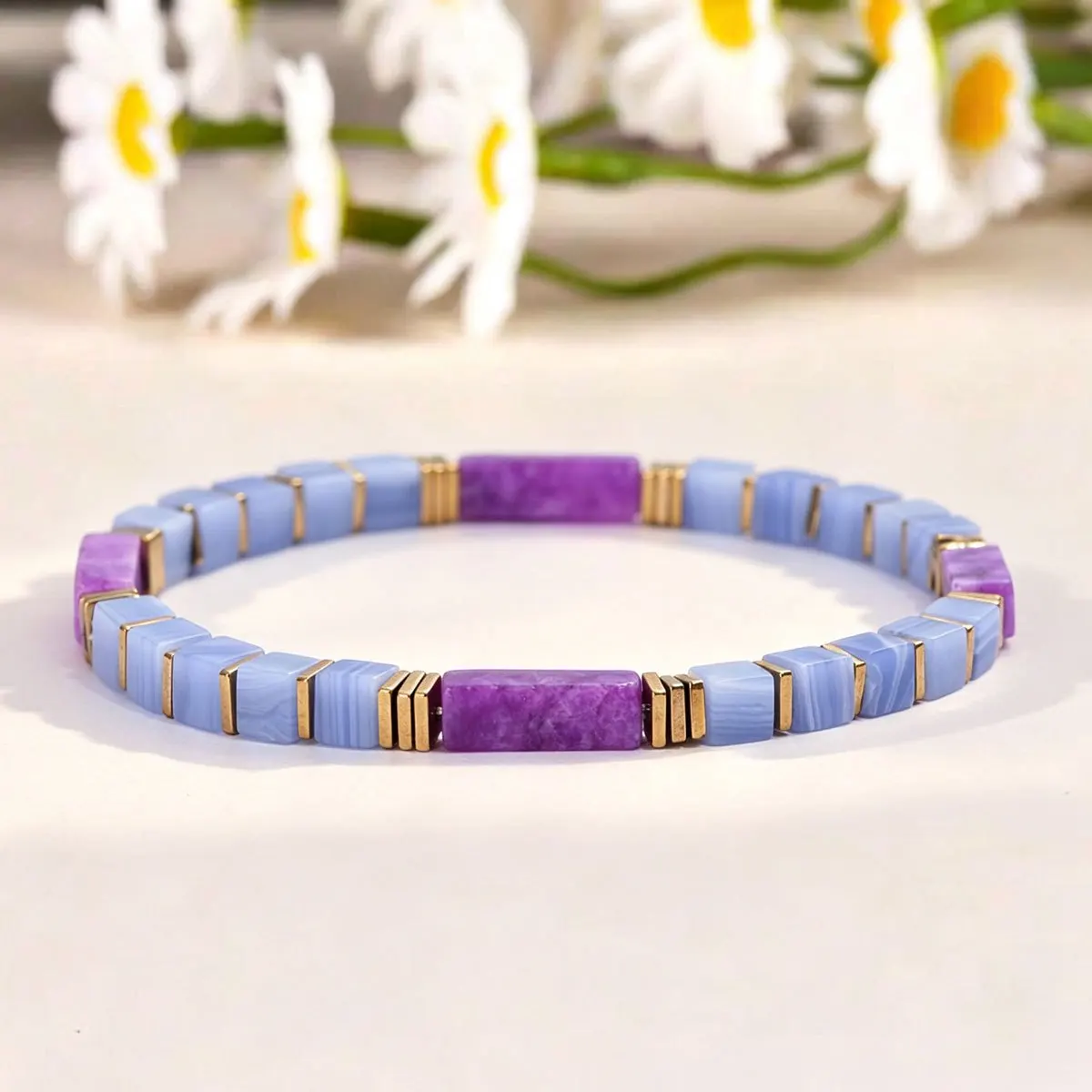 Extremely Simple Blue Wrapped Agate 5mm Square Bead Bracelet, Suitable for Daily Wear and Jewelry Gifts for Both Men and Women