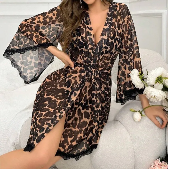 

Sexy Leopard Print Women's Nightgown Retro Style Flared Sleeve Sheer Bathrobe Lively Lingerie Set Woman Elegant Dresses Clothes