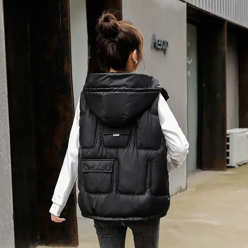 Vest for Women Quilted Black Sleeveless Demi-season Clothes Fashion 2025 Hooded Waistcoat Woman Cheap Autumn Warm Classic Pretty