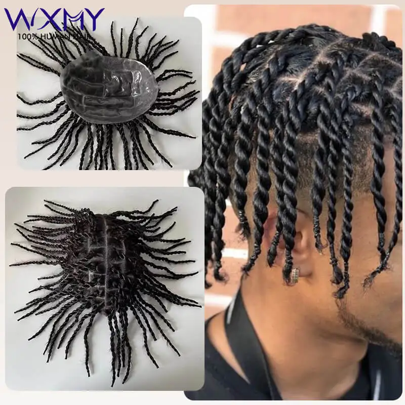 Toupee Men Wig Knotted PU Twist Crochet Braids Male Hair Prosthesis 6