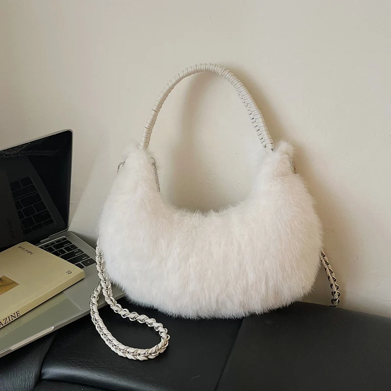 Halbmond-Design Lammwoll-Handtasche Clutch für Damen 2026 Winter Weiche Flauschige Handtasche Halbkreis-Plüsch-Umhängetasche Bolsa – Detail 29