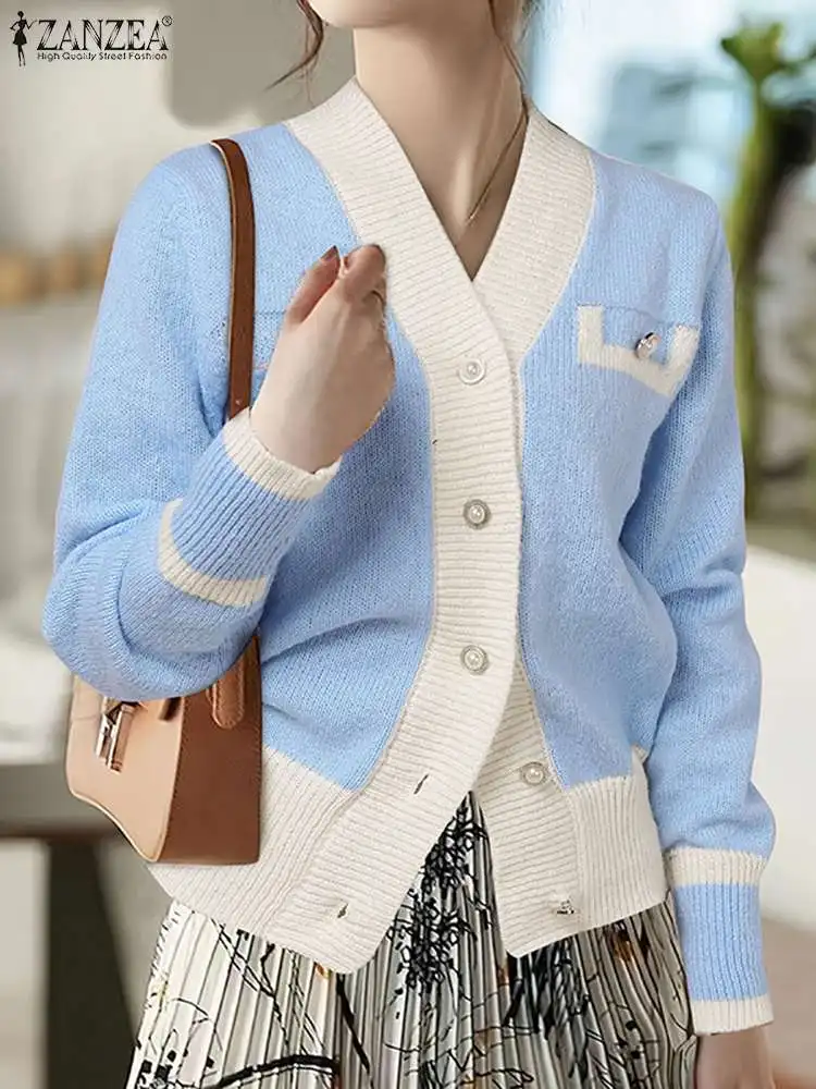 

ZANZEA Women Vintage Patchwork Office Short Coats Autumn Cardigans Korean 2024 Fashion Pearl Buttons Jackets Elegant Work Suit