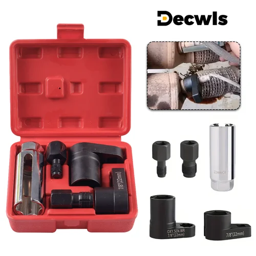 Juego de 5 llaves de tubo profesionales para sensor de oxígeno automotriz, conexiones de 7/8"" (22 mm), 1/2"" y 3/8"", herramientas de reparación para instalación y extracción de sensor de oxígeno automotriz