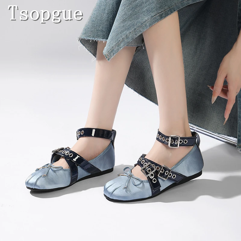 

Новые синие атласные балетки для женщин: модный дизайн, низкий вырез, банты-бабочки, ремешок на щиколотке, повседневные туфли