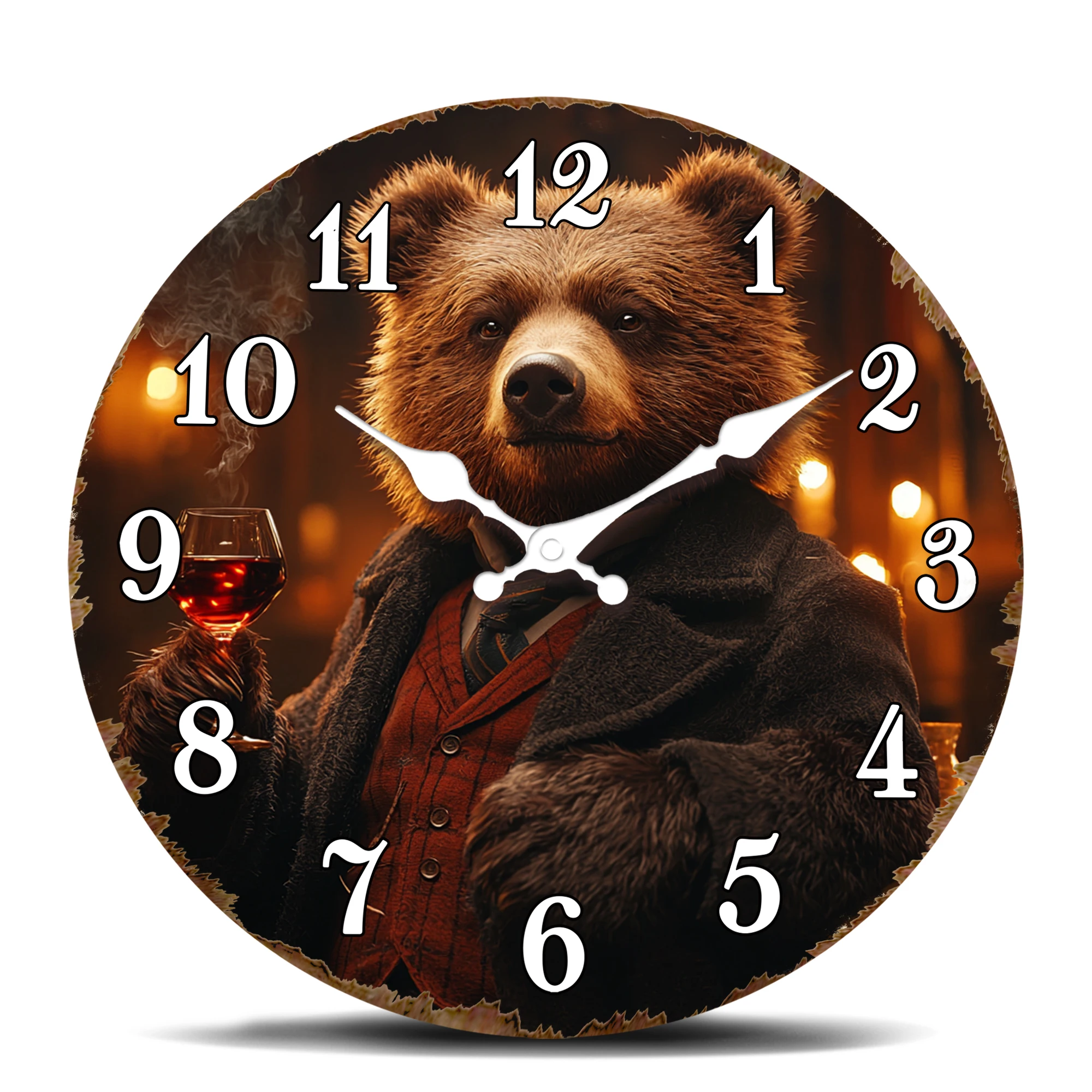 Anthropomorphic Bear in Victorian Attire Wall Clock - Whimsical Animal Holding Wine Glass - Silent Non-Ticking Steampunk Style T