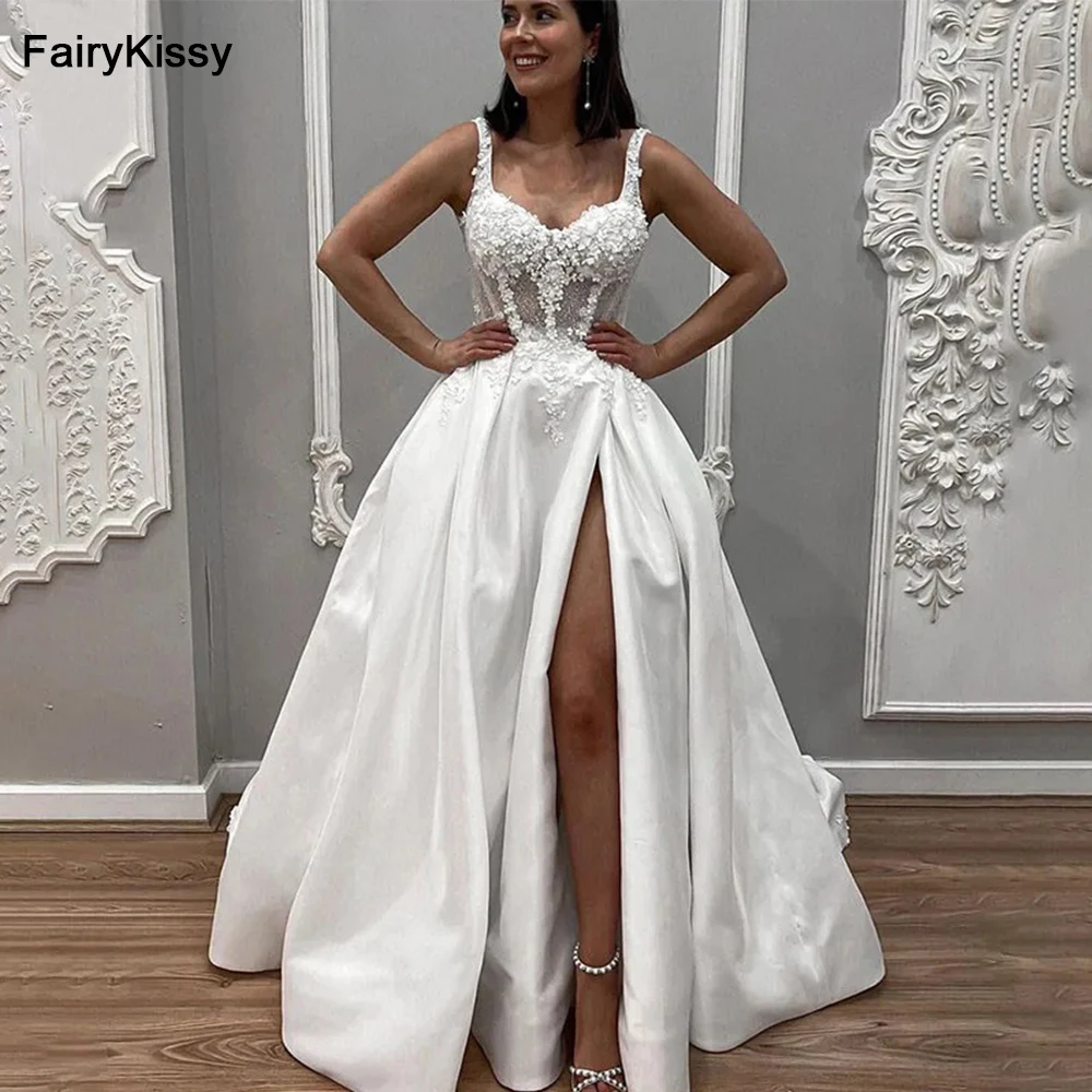 

FairyKissy 3D Flowers Lace Wedding Dress A Line Sleeveless Sweetheart Neck Bride Dress Elegant Classic Modest Bride Wedding Gown