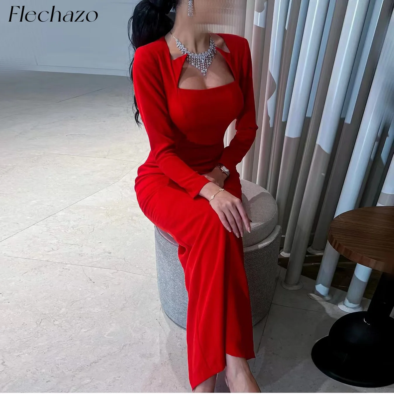 

Flechazo Red Evening Dresses Square Neck Ankle-length Simple Sexy Elegant Formal Party Dress For Women 2024 Vestidos de fiesta