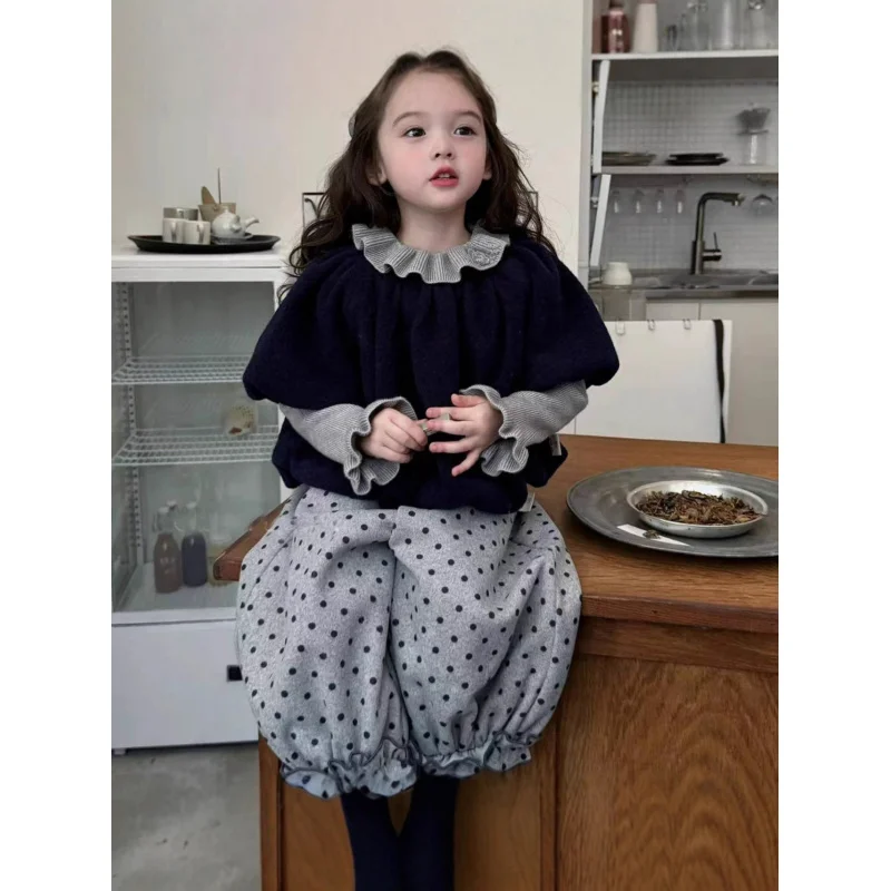 

Girl Baby Korean Style Sweet Lace Knitted Sweater Winter Girl Outfit Children's Fashionable Blue Top Polka Dot Lantern Pants