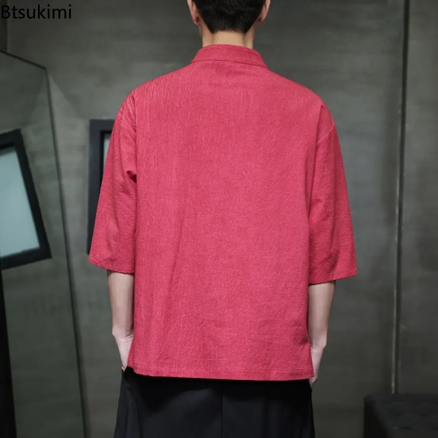 Chinese Style Shirts Men's Summer Solid Stand Collar Casual Short Sleeve T-shirts Vintage Cotton Linen Pullover Tops Male Hanfu