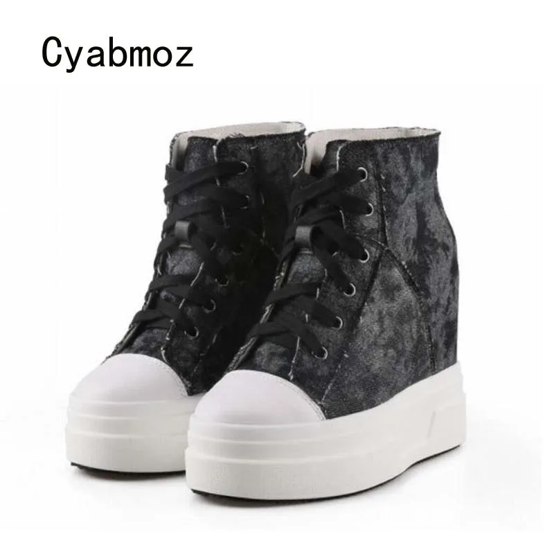 Cyabmoz Women Shoes Sexy Denim Sneakrers Fashion High Heels Platform Height Increasing Ladies Party Woman Shoes Zapatos Mujer