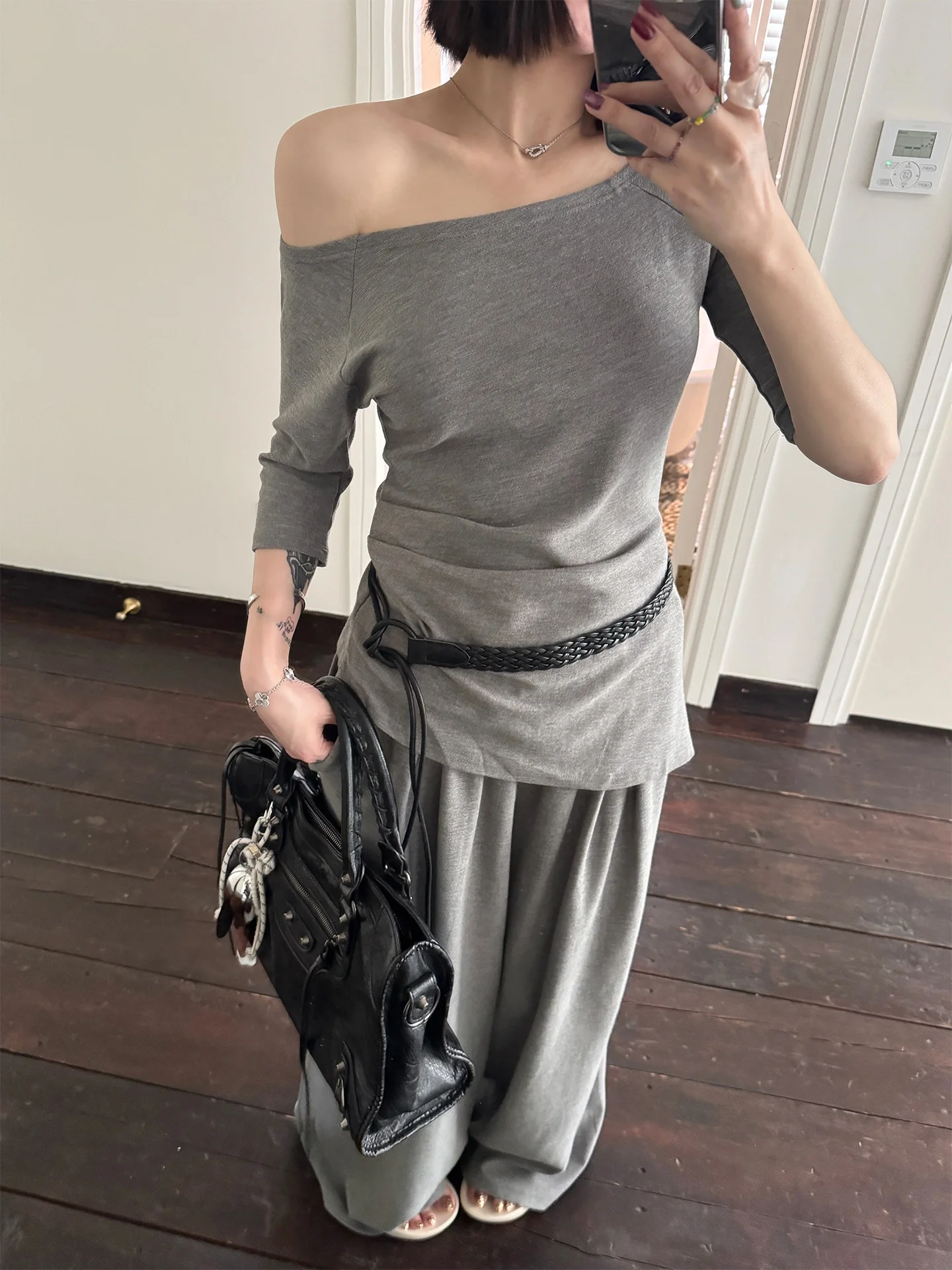 

Ana Phora Korean Style Grey Asymmetrical Short Sleeve T-Shirt Slimming Casual Pants Set Women's Fashion Summer Spring Outfit