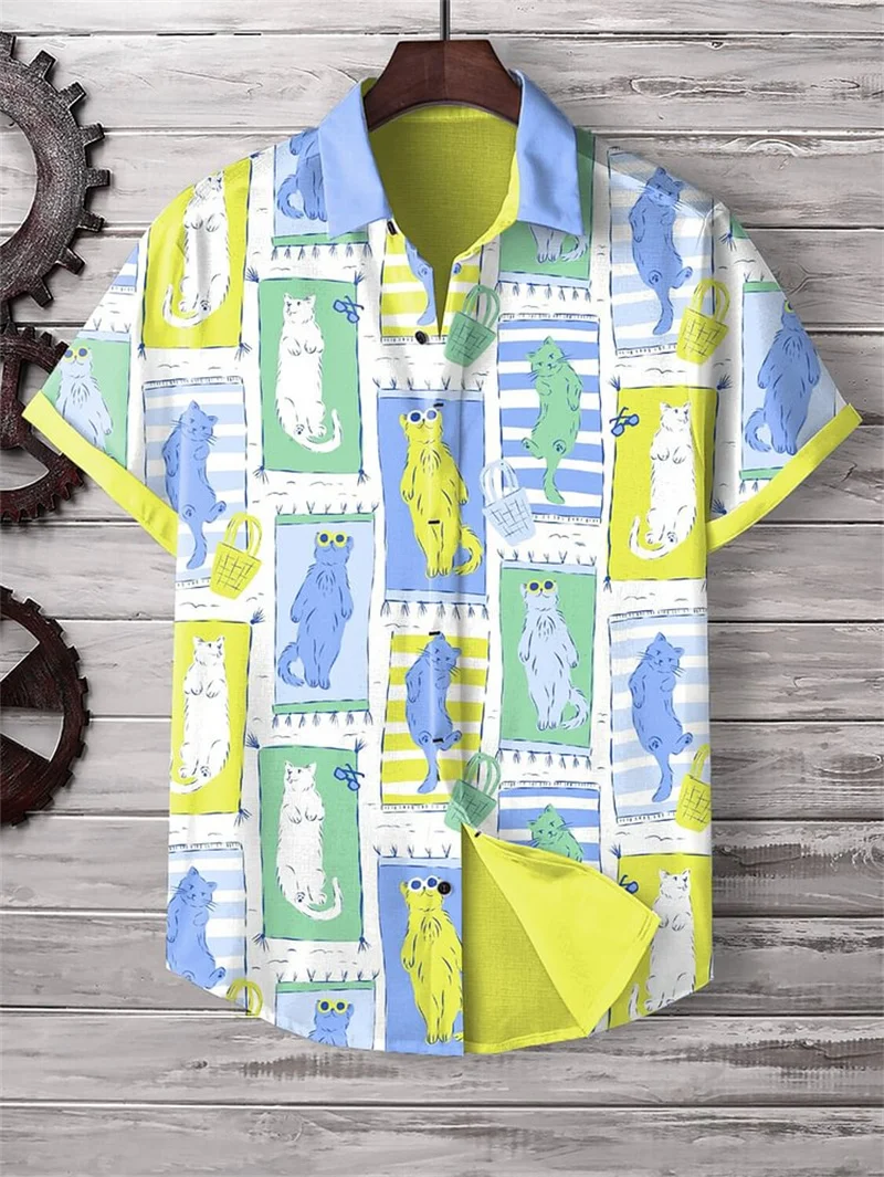 

Гавайская мужская рубашка с рисунком кота и птицы, мужская одежда с граффити в стиле ретро, Harajuku, новые летние топы Y2k