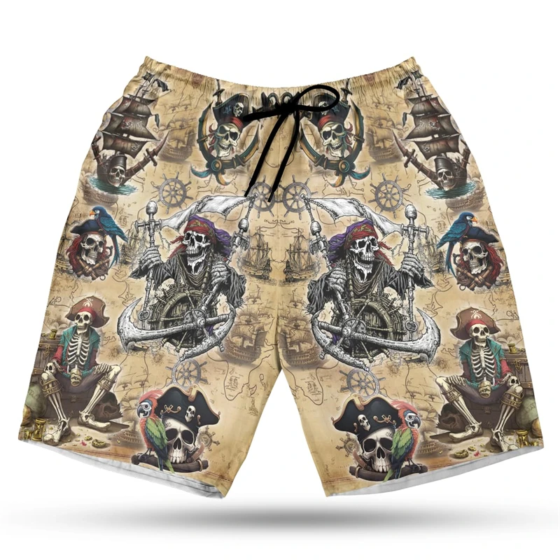 Calção de praia dos homens animais piratas, calça curta estampada em 3D, gato papagaio havaiano casual, troncos de caveira, roupas engraçadas, moda