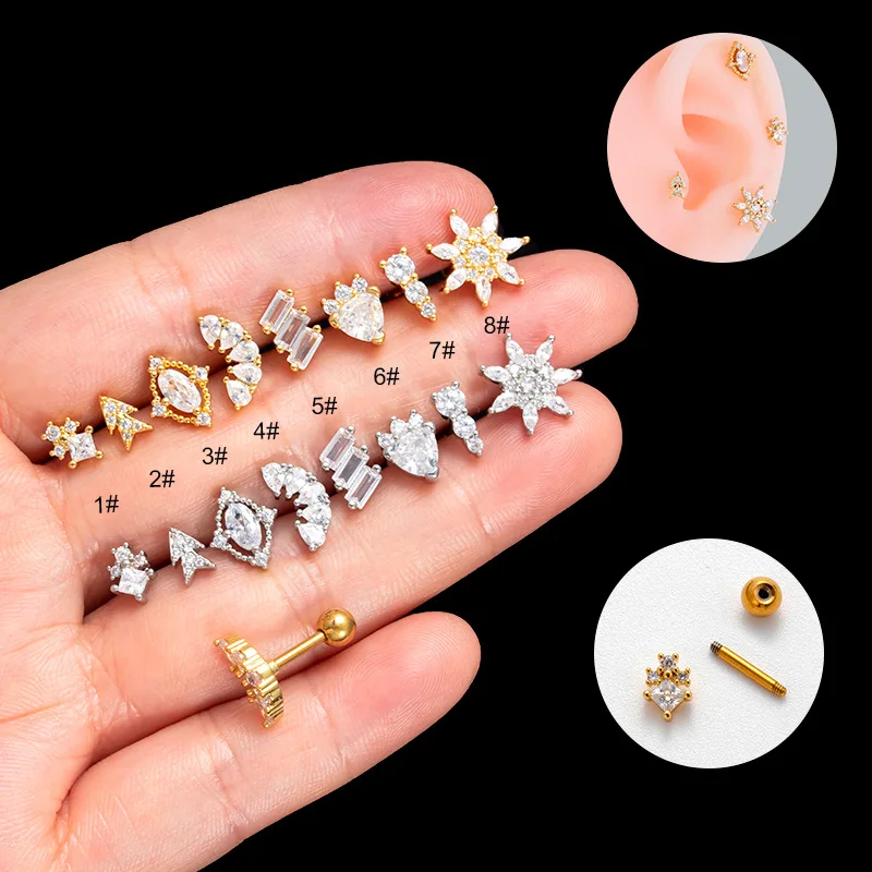 1Piece 20G Stainless Steel Zircon Cartilage Earring for Women 2023 Fashion 1.2mm Double-ended Screw Ear Studs Piercing Jewelry