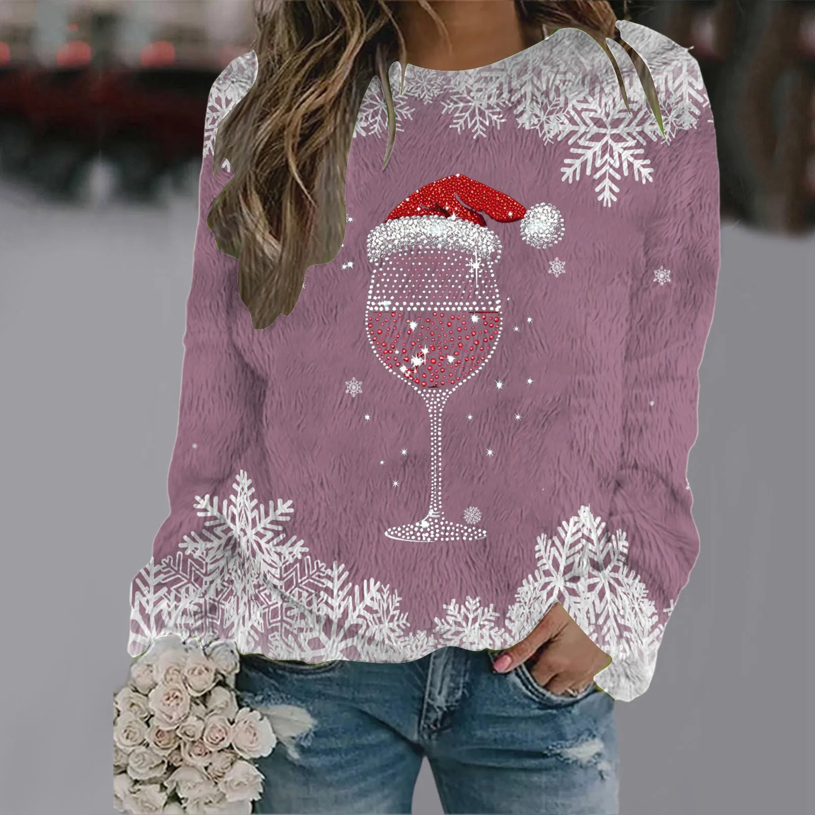 Christmas Women's Casual Crew Neck Long Sleeve Sweatshirt With Fine Knit Sweater Women Long Sleeve Chunky Knit Pullover Sweater