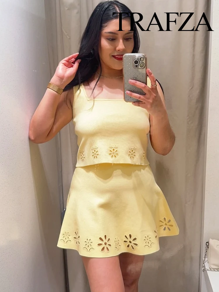 

TRAFZA Women's Summer Fashion Solid Square Collar Wide Shoulder Strap Top+Chic High Waist Hollow Embroidered Knitted Mini Skirt