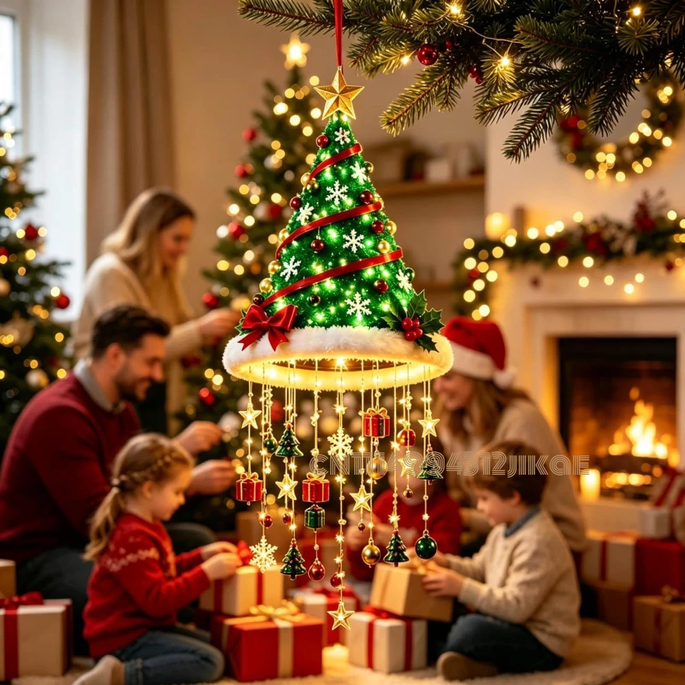 Glowing Santa Hat Hanging Chandelier, Warm LED Lighted,Cascading String Lights for Porch Holiday Party Home Decoratio