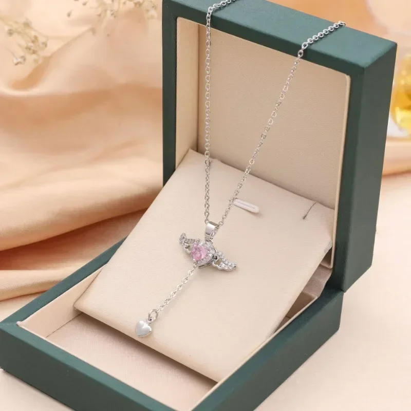 Charm Cupid Angel Wings Heart Pendant Necklace for Women korea Trendy Cute Pink Crystal Zircon Choker Stainless Steel Jewelry