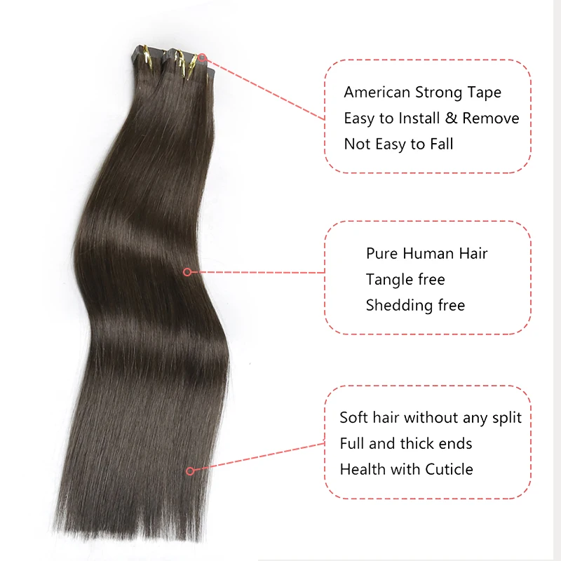 Extensões de cabelo natural retas européias para mulheres, trama de pele 100% remy, cola adesiva, fita em extensões de cabelo, 12-26in