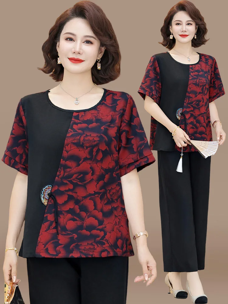 

Летний комплект из хлопка и льна больших размеров для женщин старшего возраста: модный свободный крой, двухсоставный комплект с вышивкой, круглый вырез горловины