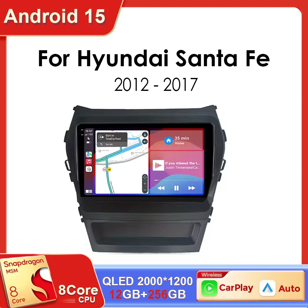 Для Hyundai Santa Fe 3 2013-2016 Carplay Auto 4G + WIFI GPS Qualcomm Автомобильный радиоприемник с навигацией Мультимедийный видеоплеер Android 15