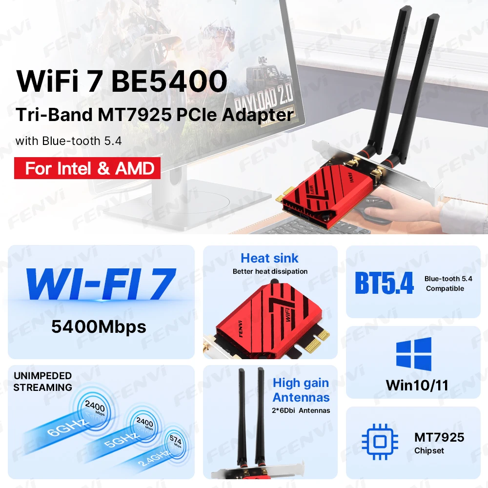 Fenvi WiFi 7 PCIe Wireless Adapter Bluetooth 5.4 MT7925 WiFi7 Network Card BE5400 Tri Band 2.4G/5G/6GHz for Win 10/11 Desktop PC