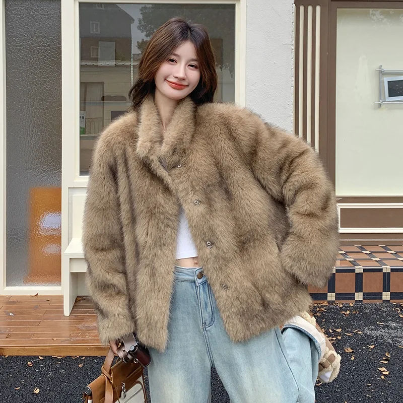2025, Winter-verdickte warme Plüschjacke für Damen, Kaffeefarbe, umweltfreundlicher Vintage-Kunstpelzmantel, modisches lässiges Oberteil